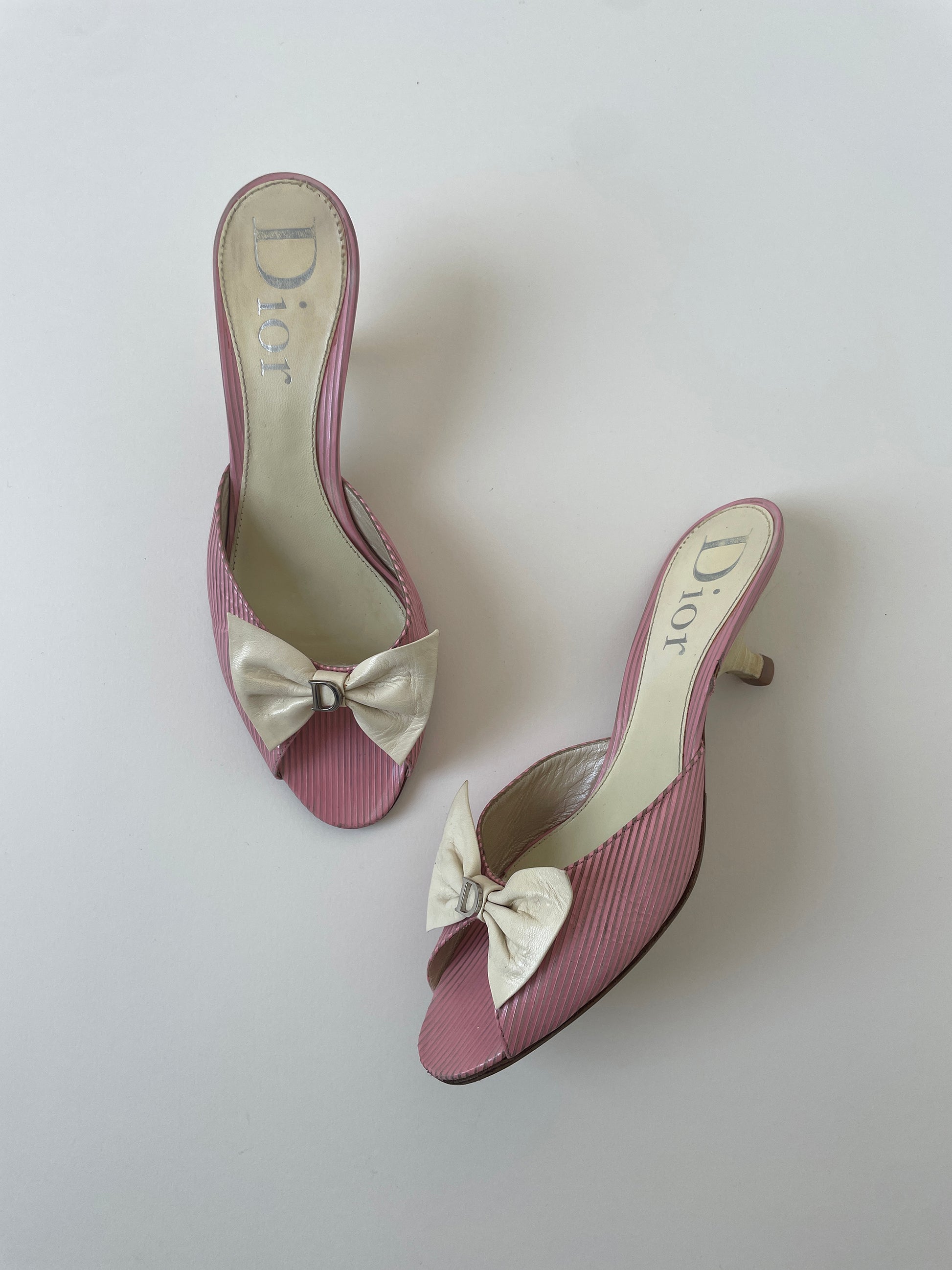 Vintage Christian Dior by John Galliano pink bow kitten heels with cute silver logo details