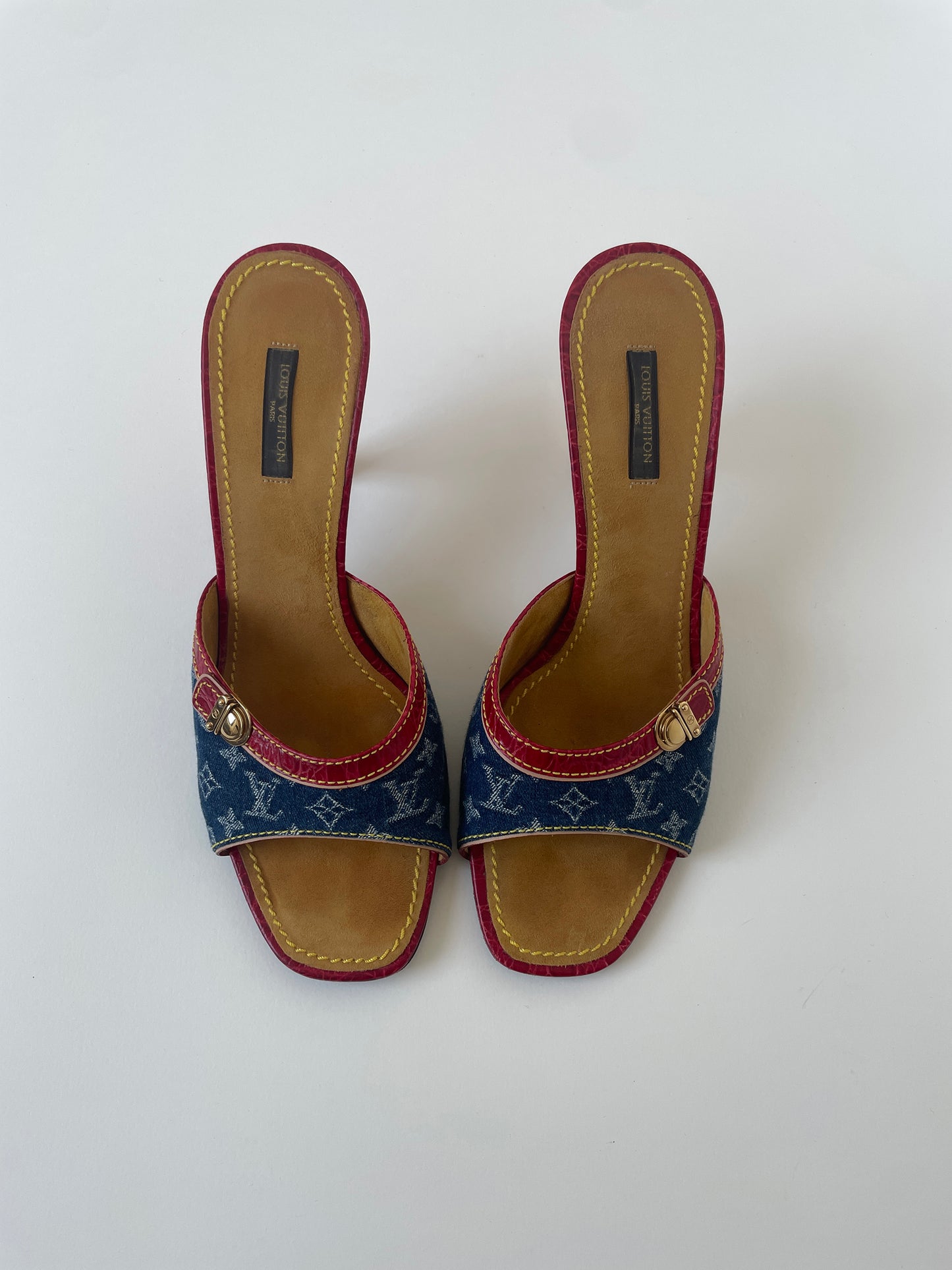 Vintage LV 2000s by Marc Jacobs iconic denim heels with red croc leather details and mini buckle