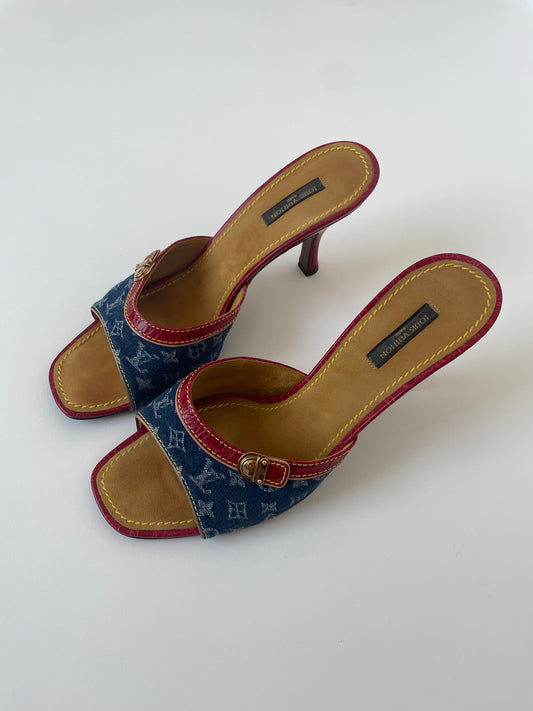 Vintage LV 2000s by Marc Jacobs iconic denim heels with red croc leather details and mini buckle