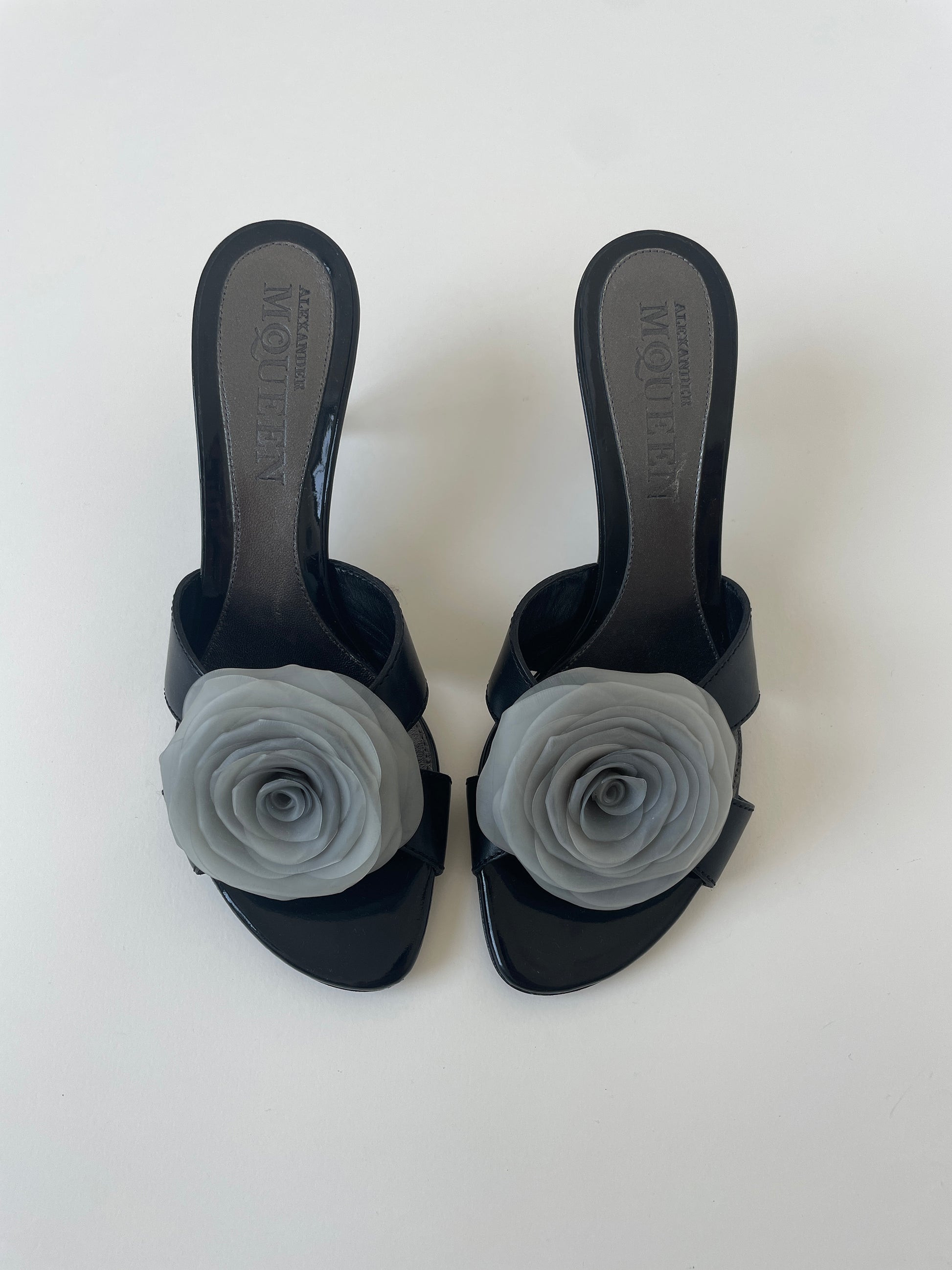 Alexander McQueen 2000s black kitten heels with chunky vinyl rose application