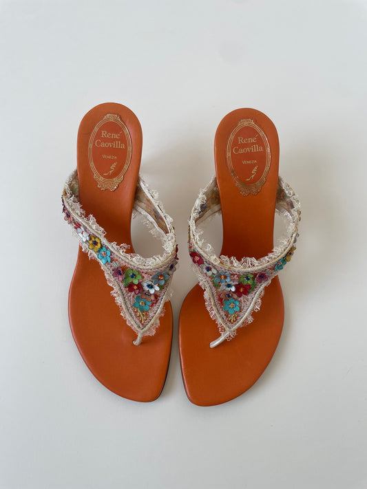 Vintage Rene Caovilla 2000s orange thong kitten kitten heels with dainty floral lace and beads details in UNWORN condition