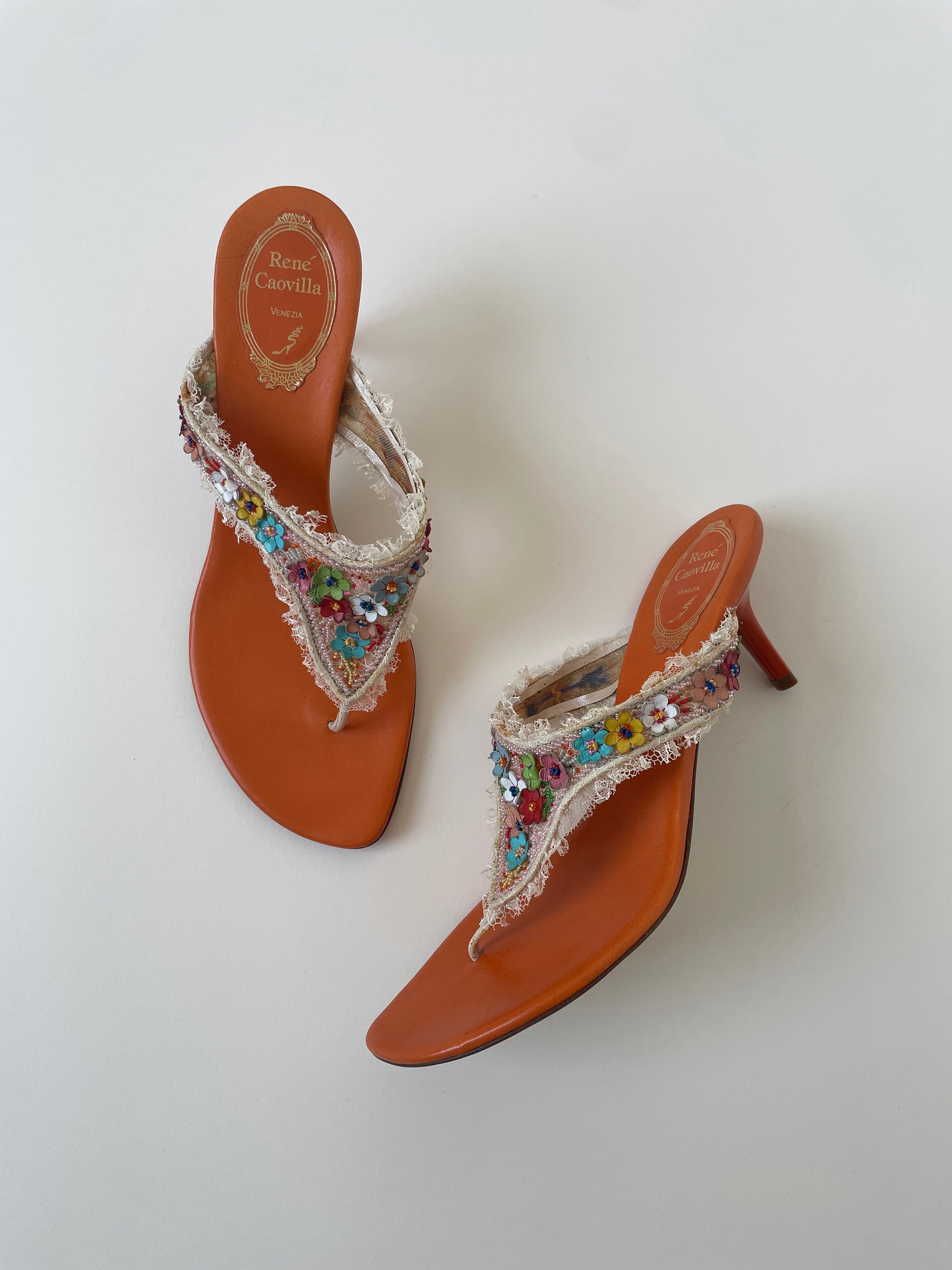 Vintage Rene Caovilla 2000s orange thong kitten kitten heels with dainty floral lace and beads details in UNWORN condition