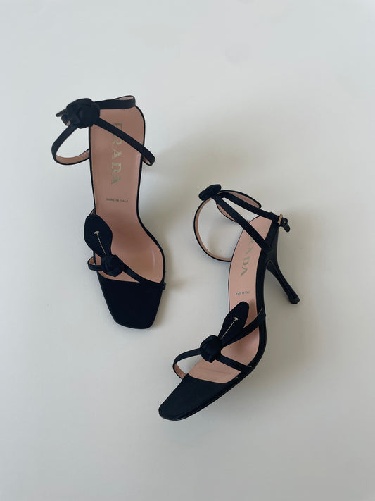 Vintage Prada 1990s iconic black silk roses sandal heels.
