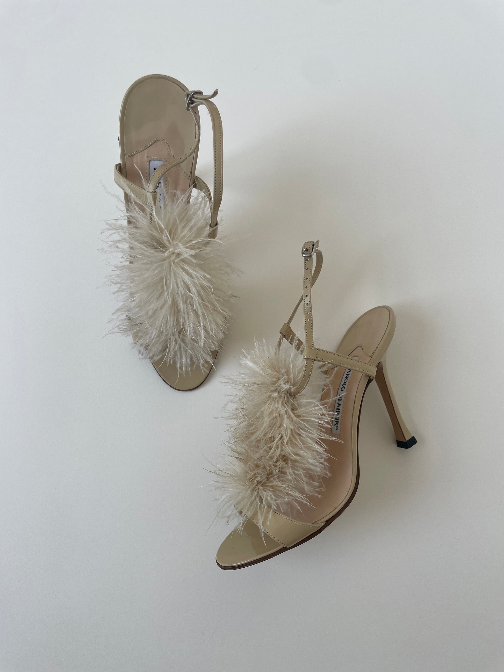 Vintage Manolo Blahnik 2000s beige Marabu feather sandal heels with tiny flare at the heel. 