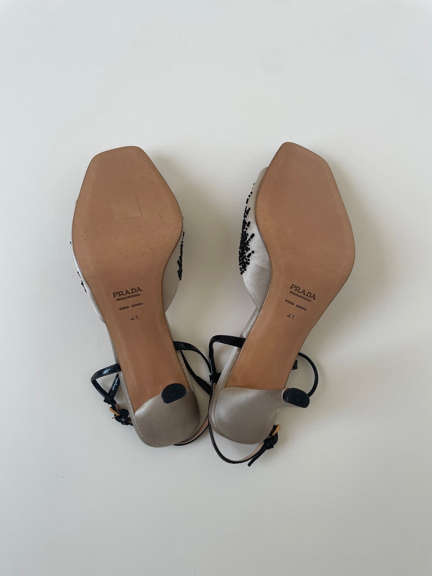 Prada 1990s cream white silk bow beaded heels UNWORN (EU 41 / US 10.5)