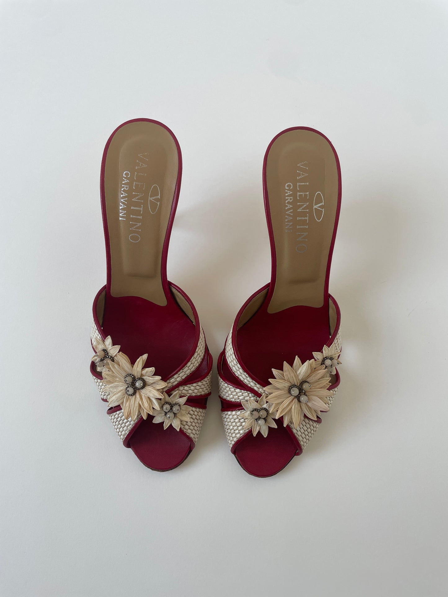 Vintage Valentino Garavani 2000s red kitten heels with white jewelry flower application