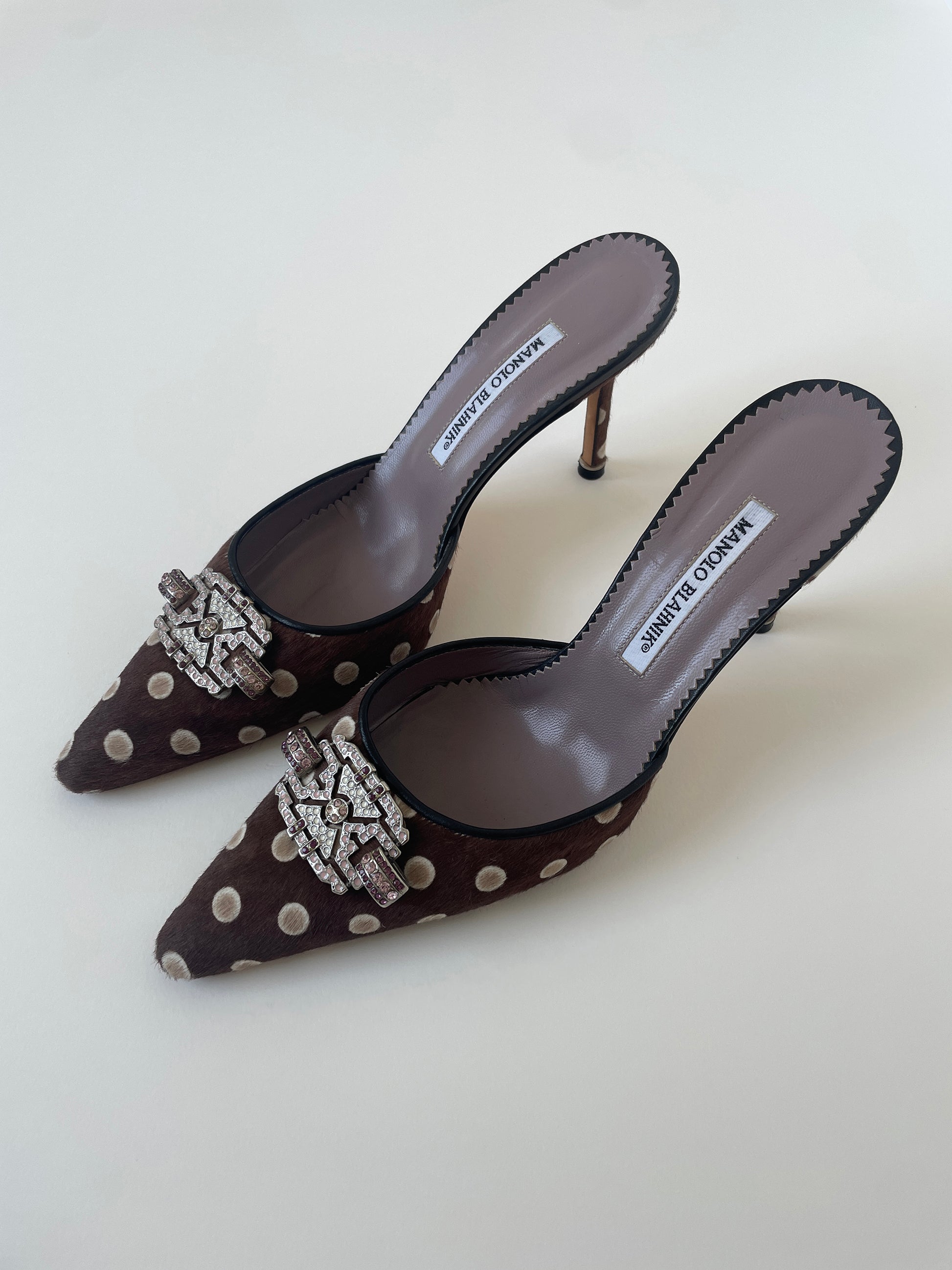 Vintage Manolo Blahnik 2000s brown pony hair mules with withe polka dots and pink Swarovski jewelry application