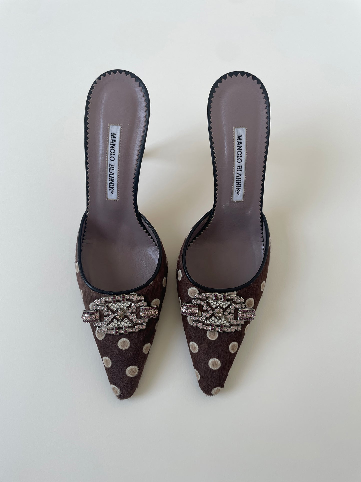 Vintage Manolo Blahnik 2000s brown pony hair mules with withe polka dots and pink Swarovski jewelry application