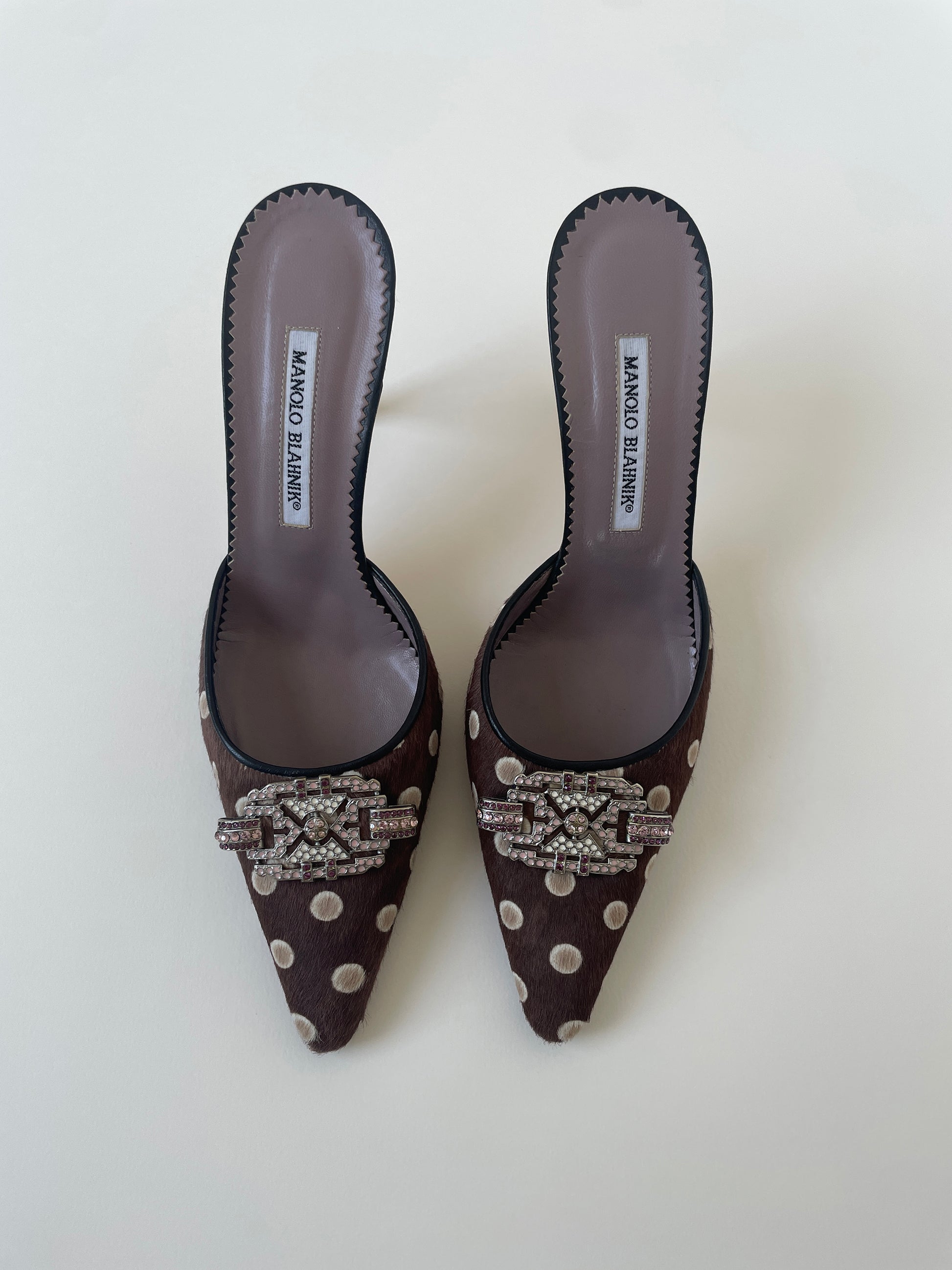 Vintage Manolo Blahnik 2000s brown pony hair mules with withe polka dots and pink Swarovski jewelry application