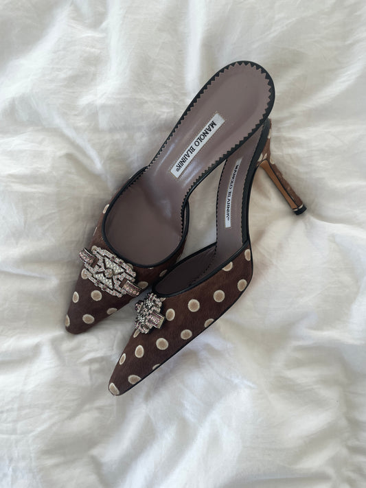 Vintage Manolo Blahnik 2000s brown pony hair mules with withe polka dots and pink Swarovski jewelry application