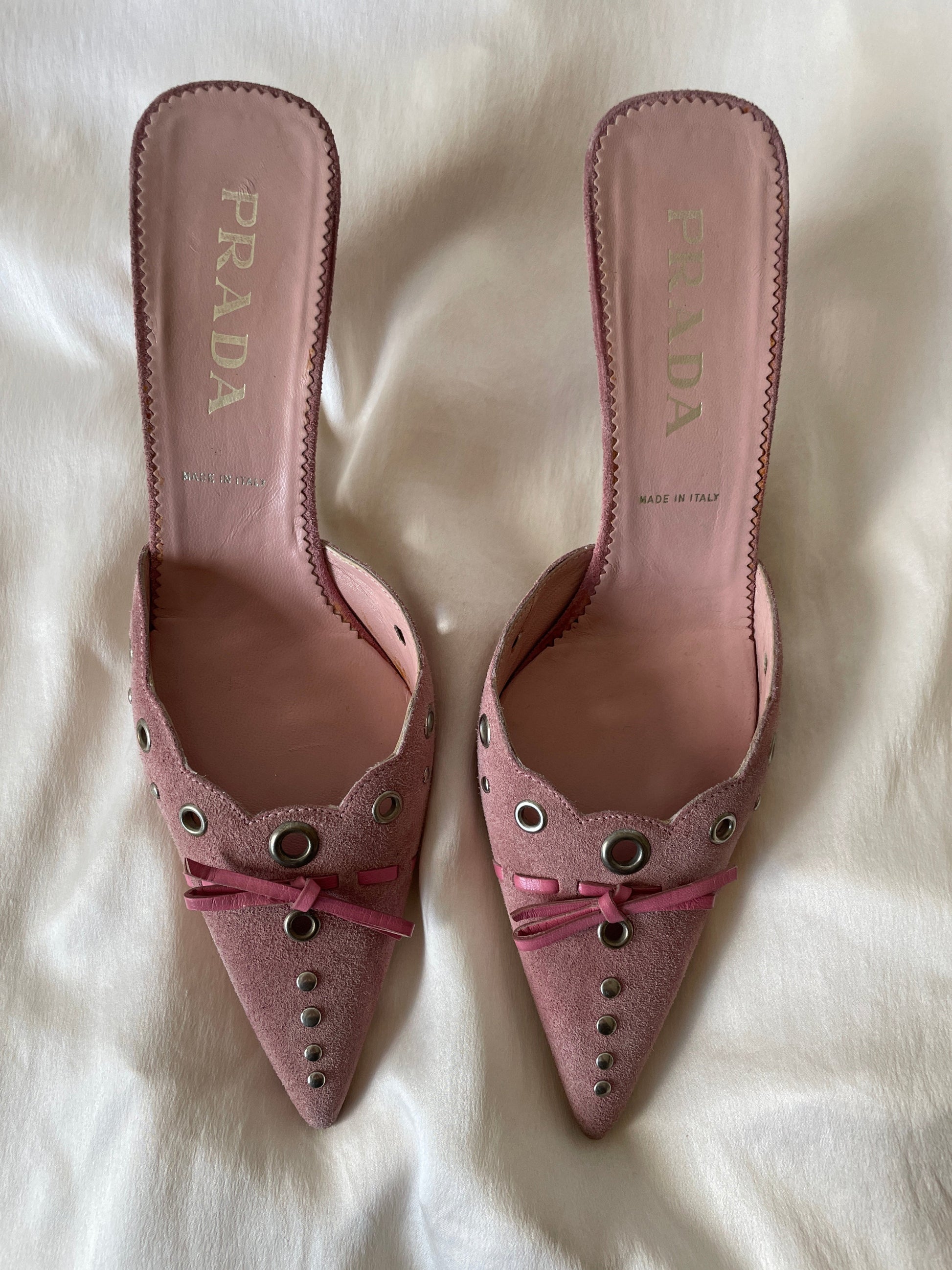 vintage Prada pink eyelet suede kitten heel mules