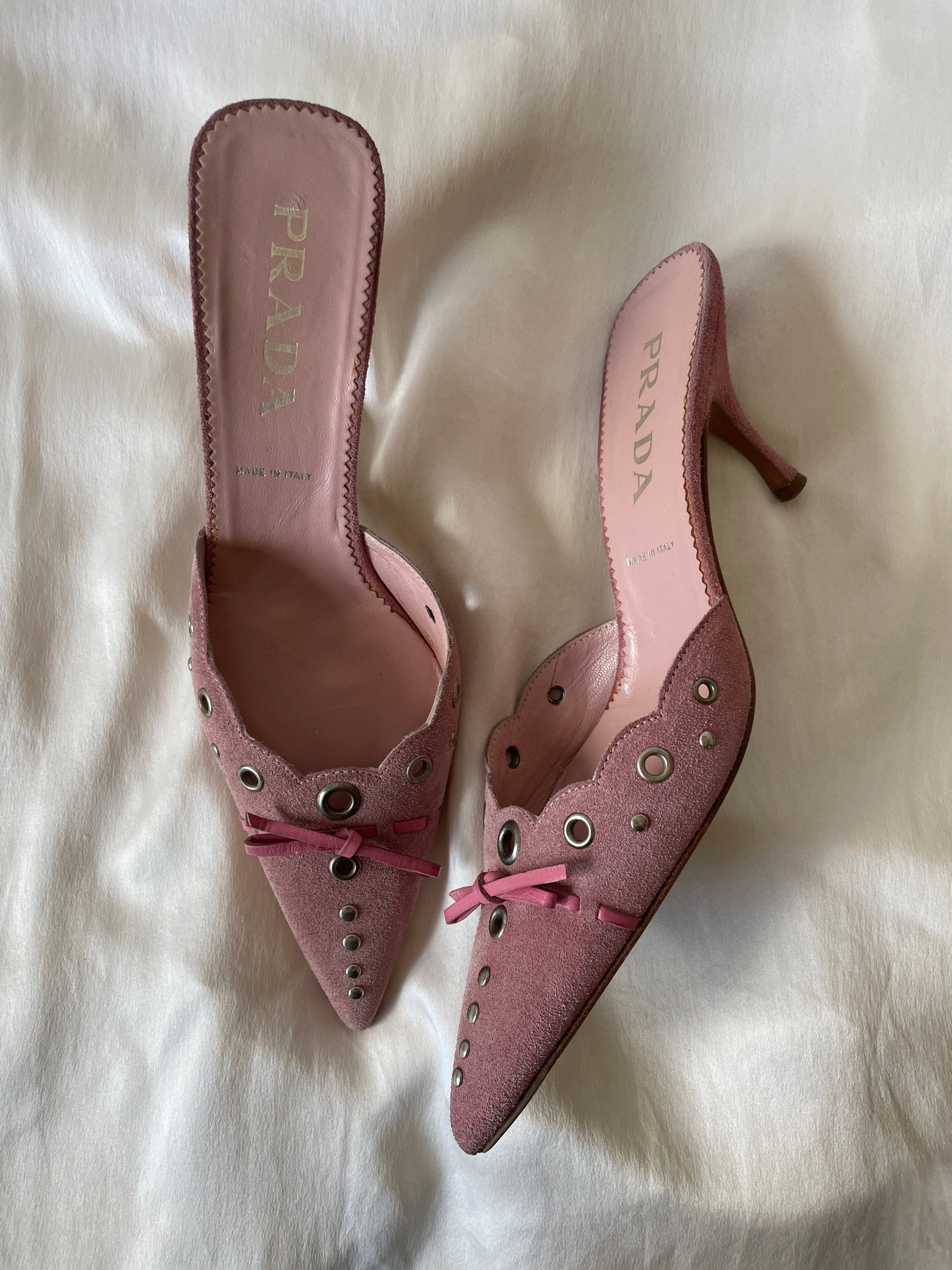 vintage Prada pink eyelet suede kitten heel mules