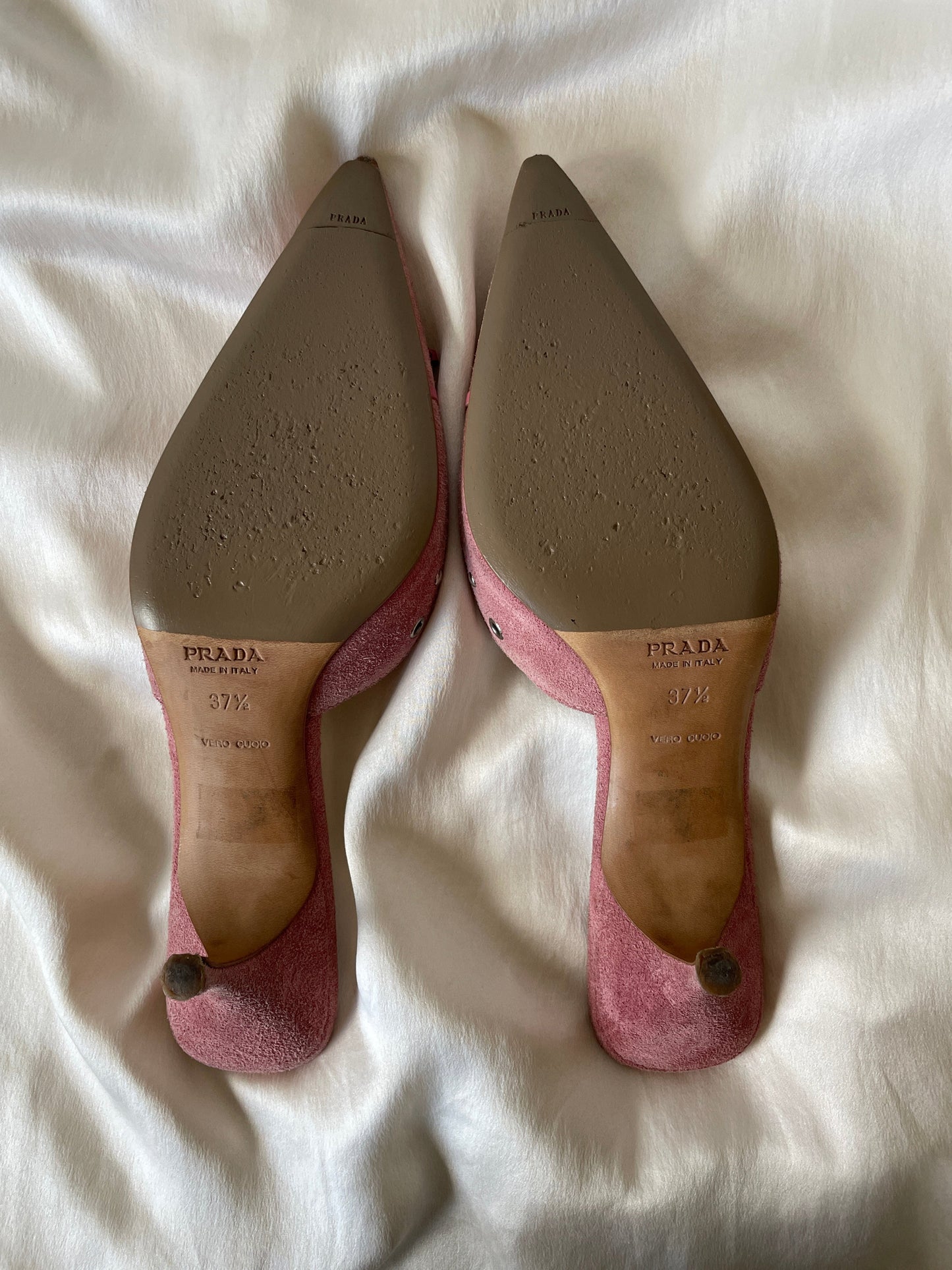 vintage Prada pink eyelet suede kitten heel mules