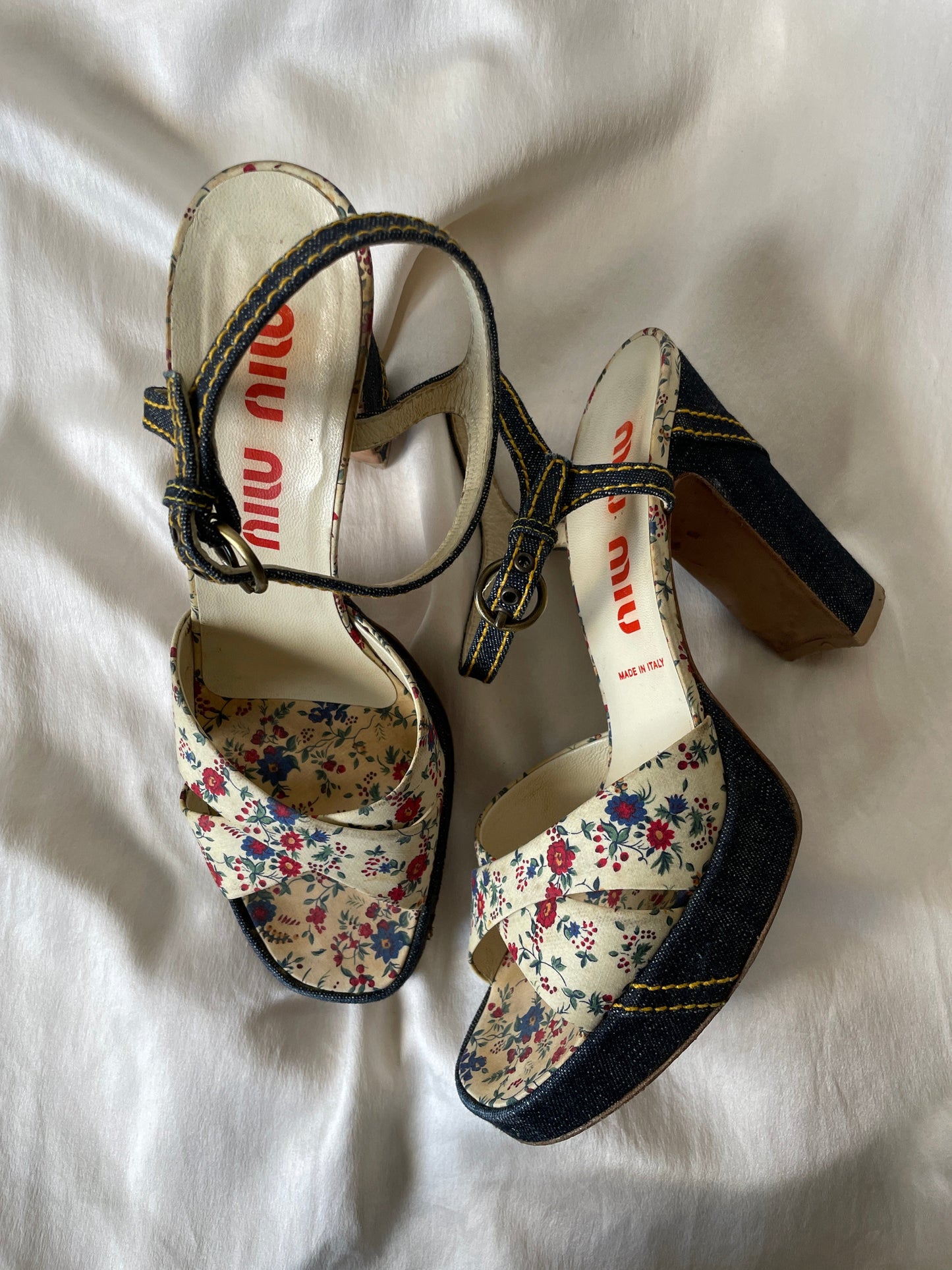 Vintage Miu Miu 1990s denim floral platforms