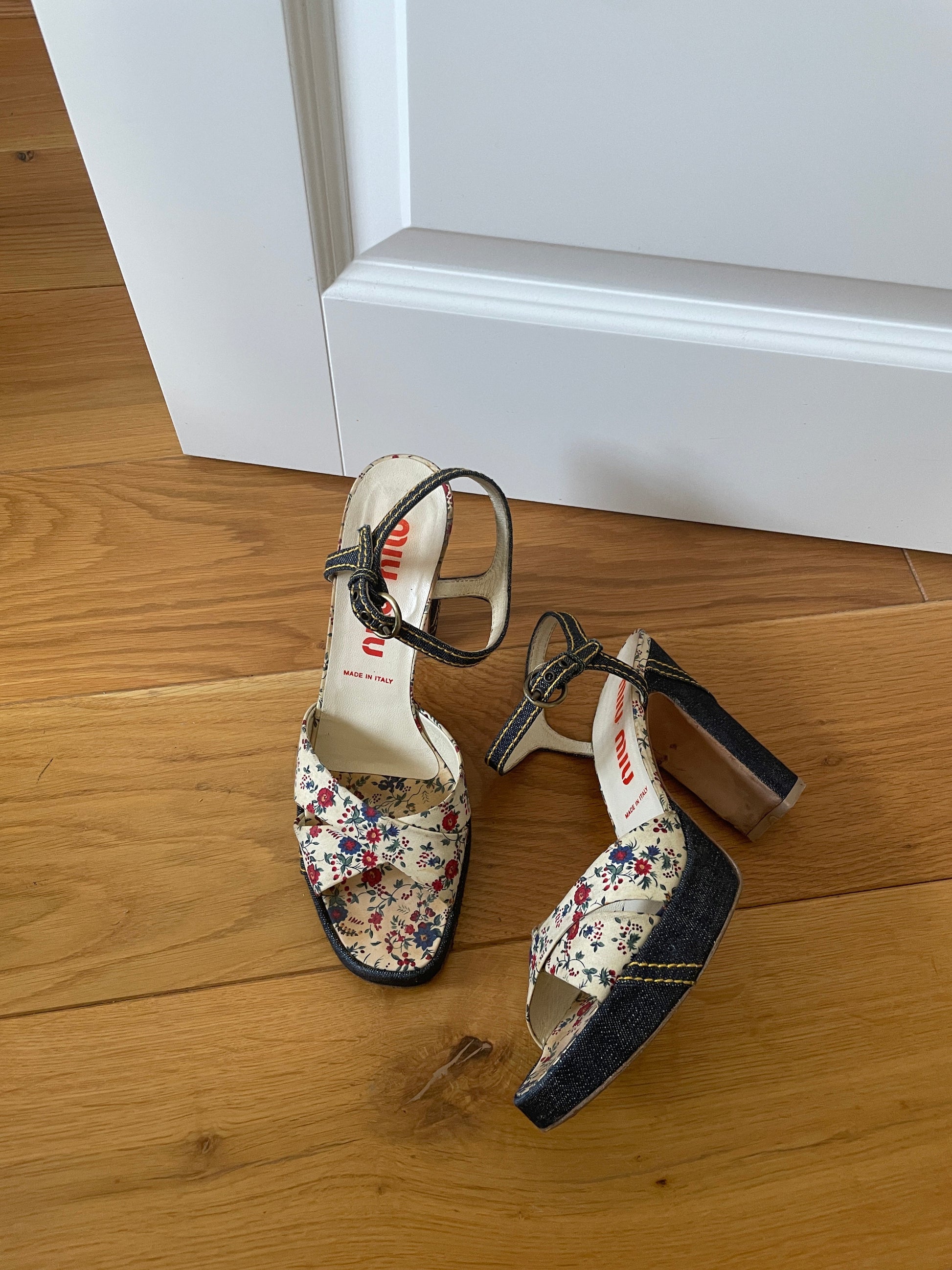 Vintage Miu Miu 1990s denim floral platforms