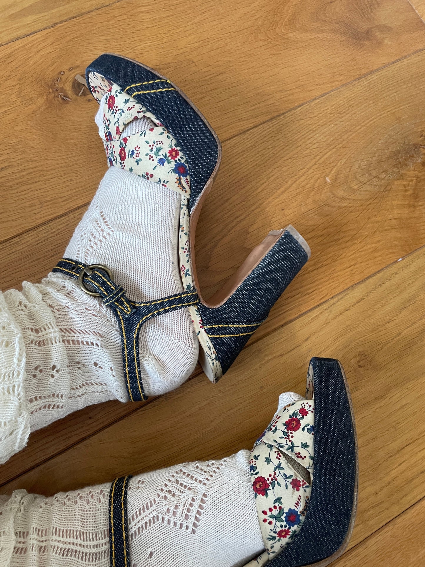 Vintage Miu Miu 1990s denim floral platforms