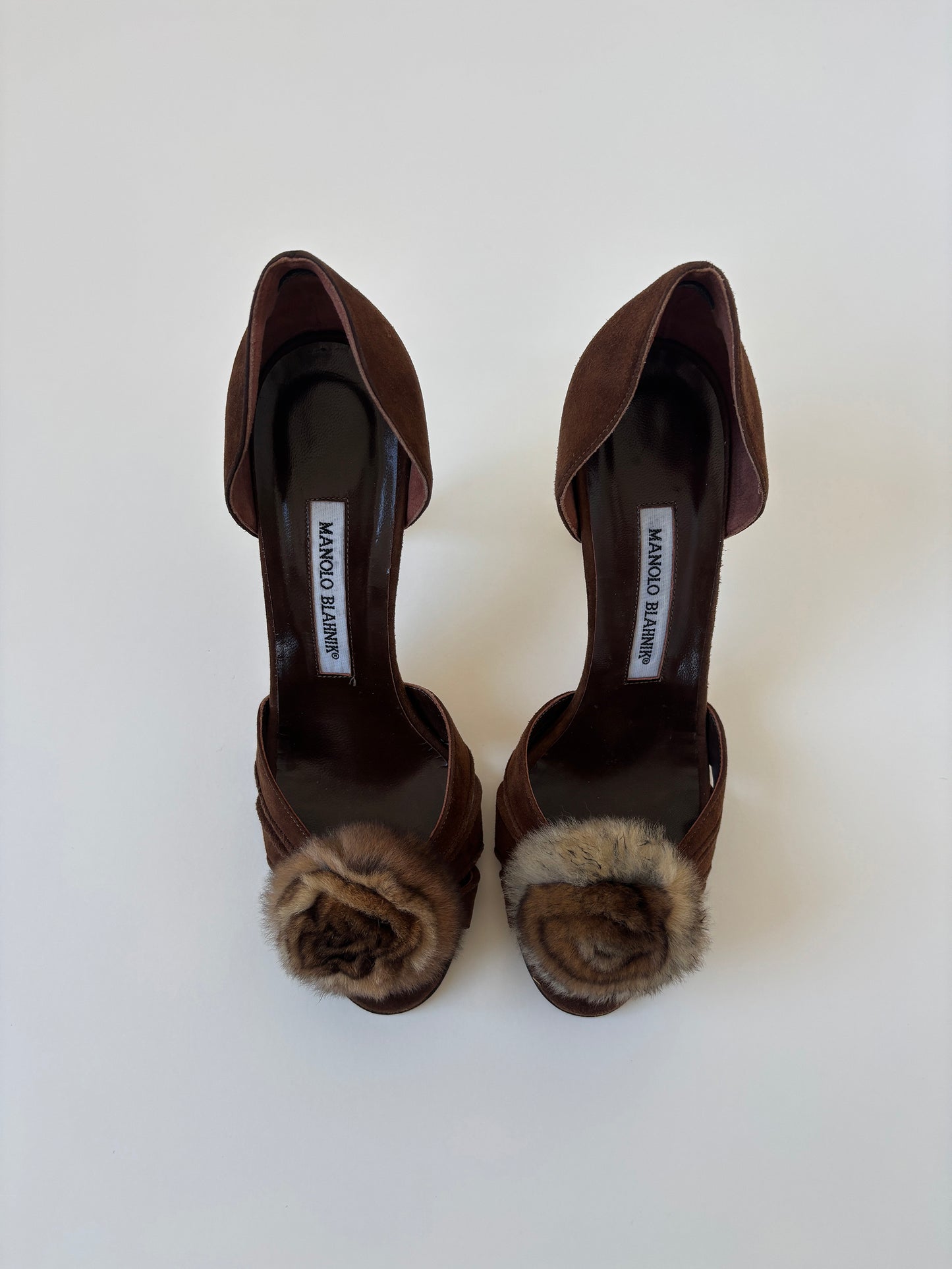 Vintage Manolo Blahnik 2000s brown suede D'orsay pumps with fur rose application