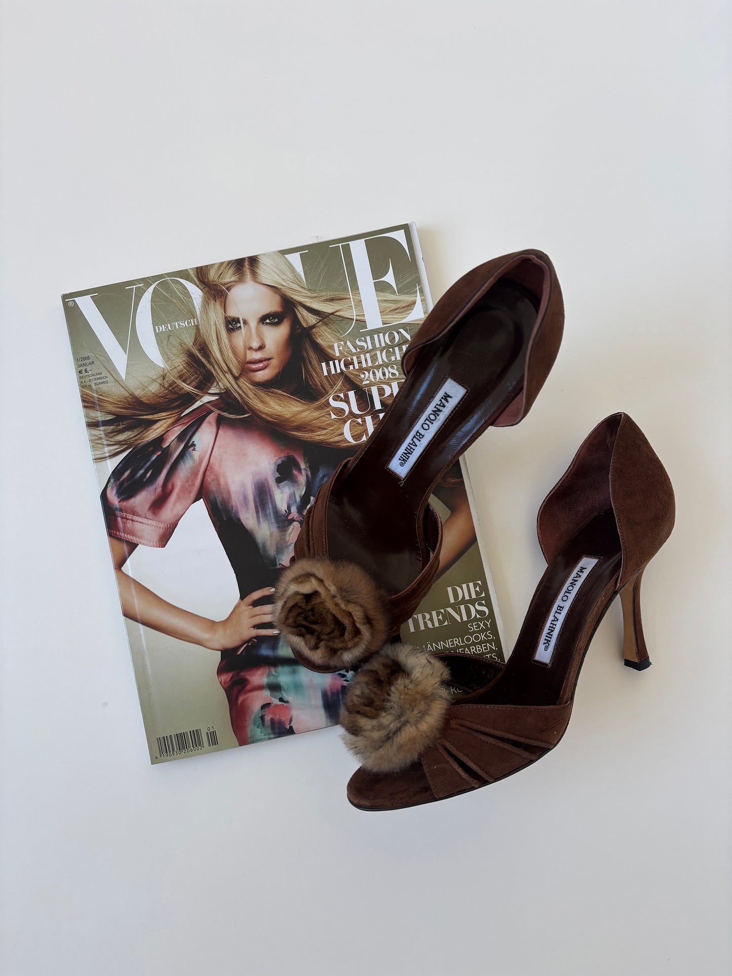 Vintage Manolo Blahnik 2000s brown suede D'orsay pumps with fur rose application