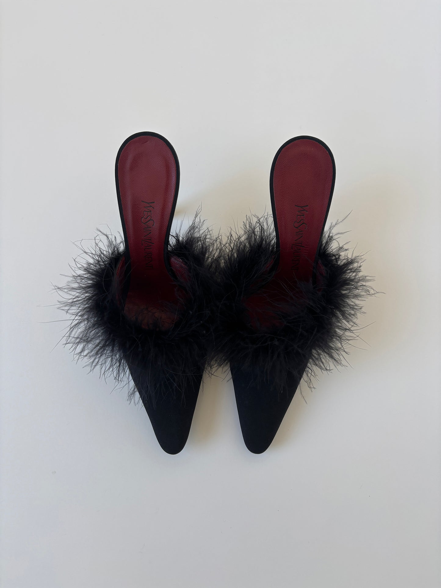 YSL vintage 1990s black kitten heel mules with feather application