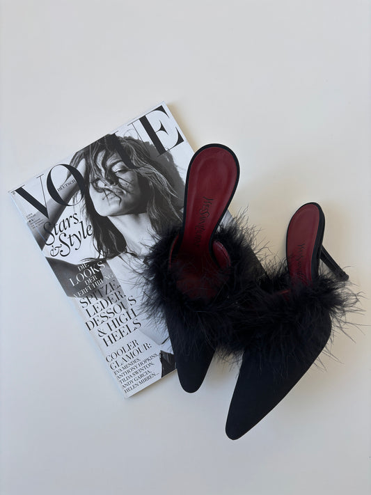 YSL vintage 1990s black kitten heel mules with feather application