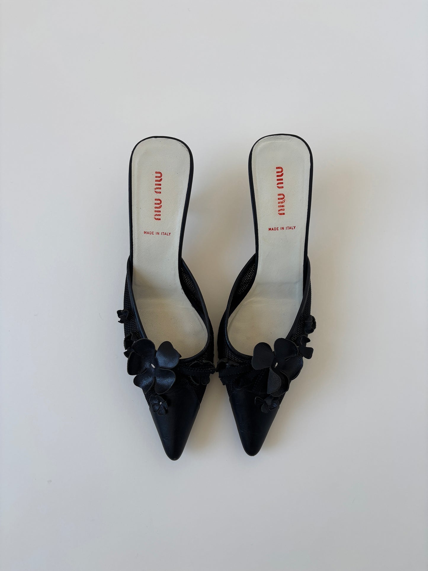 Vintage Miu Miu 2000s black floral mesh kitten heel mules with cute flower applications 