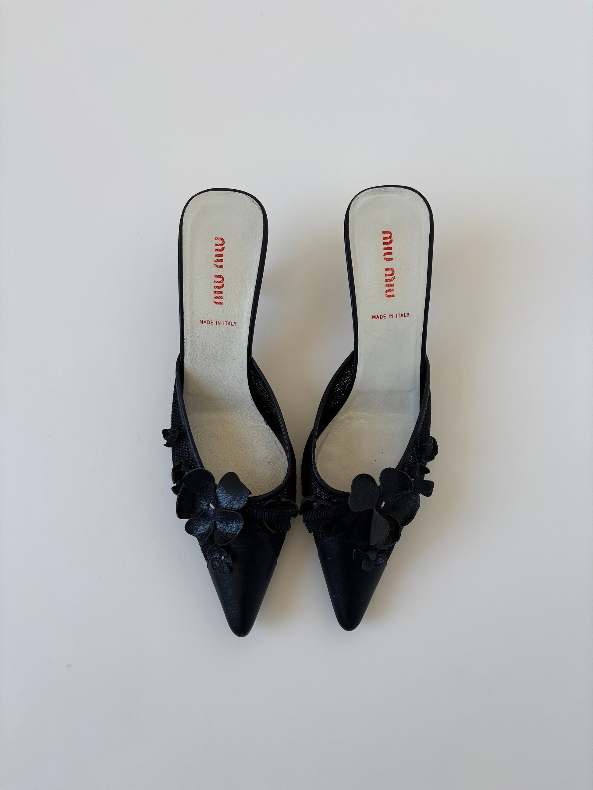 Vintage Miu Miu 2000s black floral mesh kitten heel mules with cute flower applications 