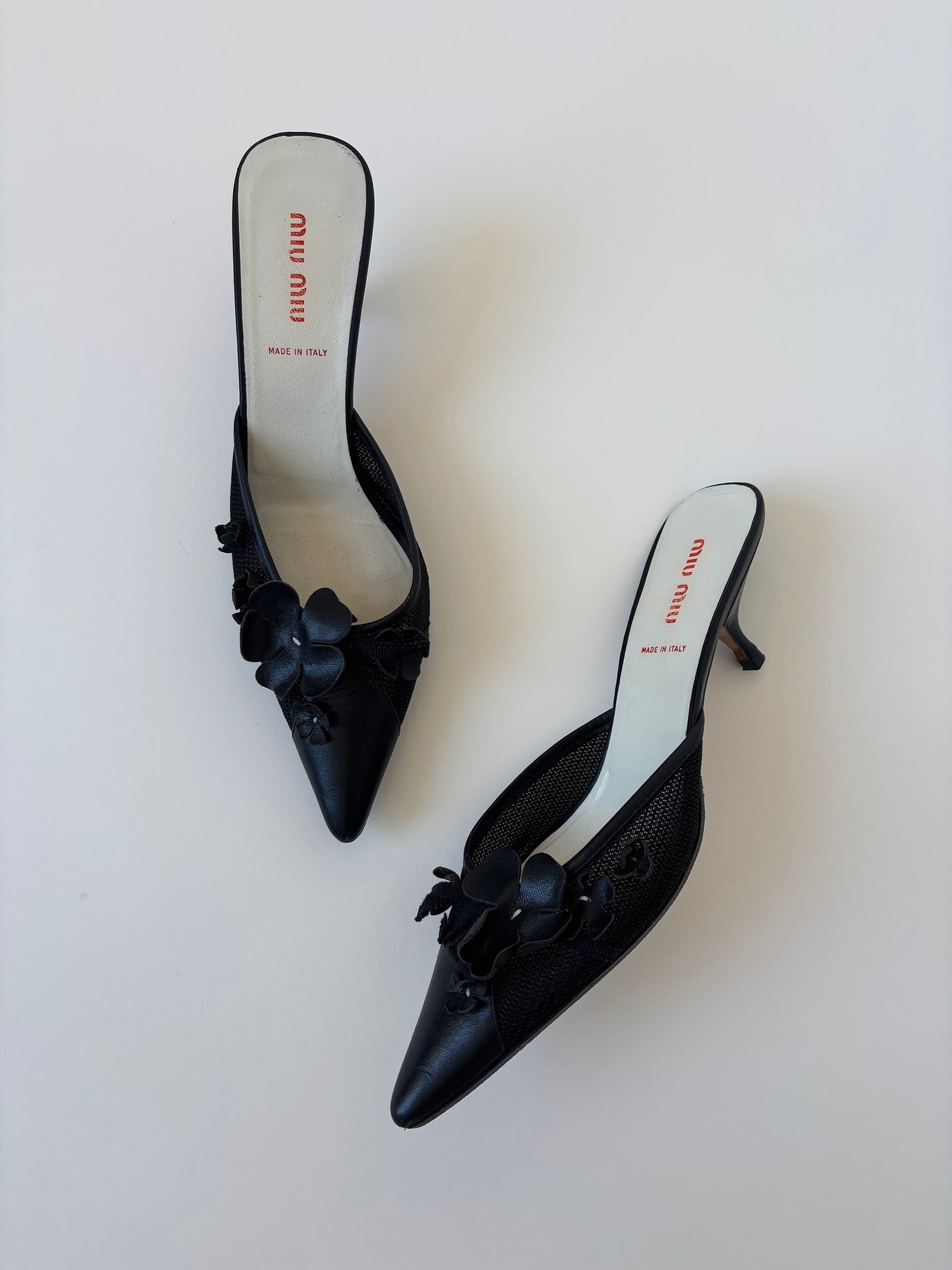 Vintage Miu Miu 2000s black floral mesh kitten heel mules with cute flower applications 