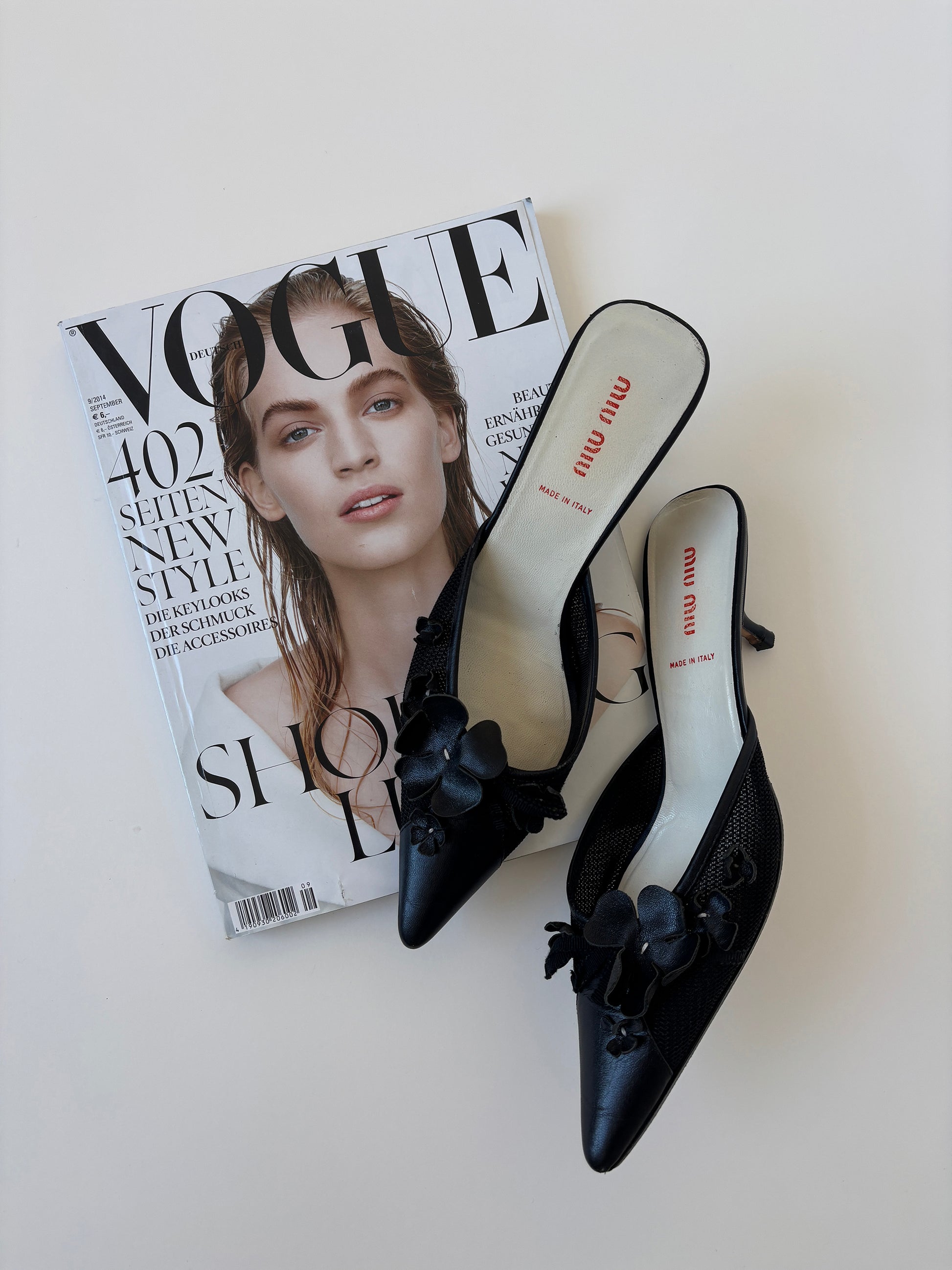 Vintage Miu Miu 2000s black floral mesh kitten heel mules with cute flower applications 