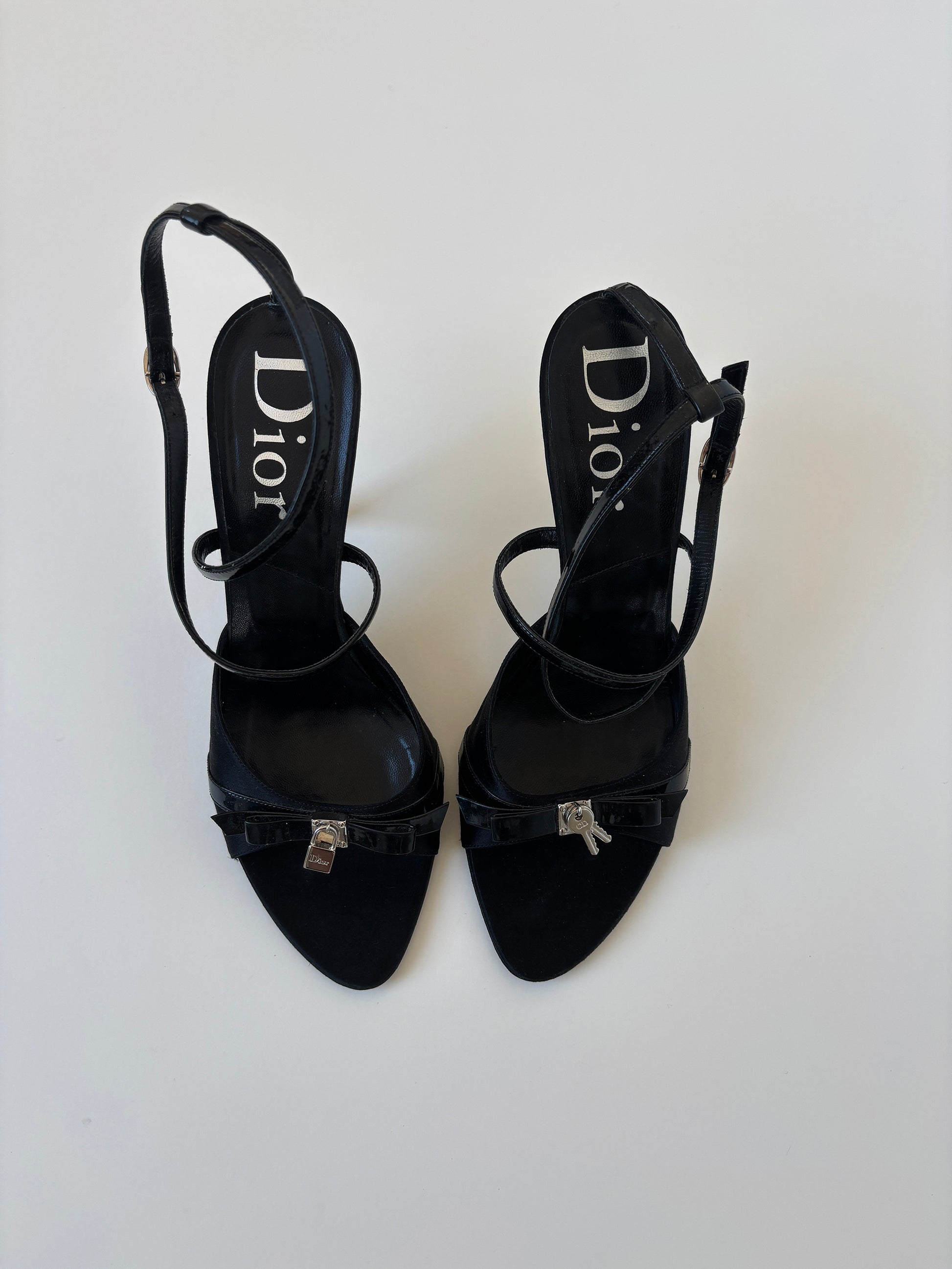 Vintage Christian Dior by John Galliano 2000s black heels with cute mini silver key lock charms