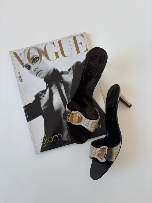 Fendi 2000s beige monogram kitten heels with cute Fendi logo lock detail