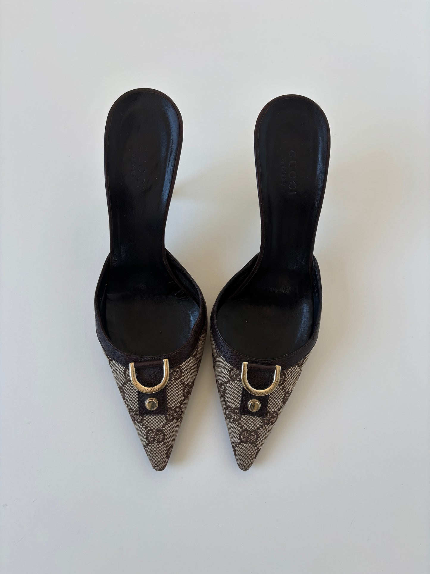 Vintage Gucci by Tom Ford 2000s brown/ beige D-ring monogram mules