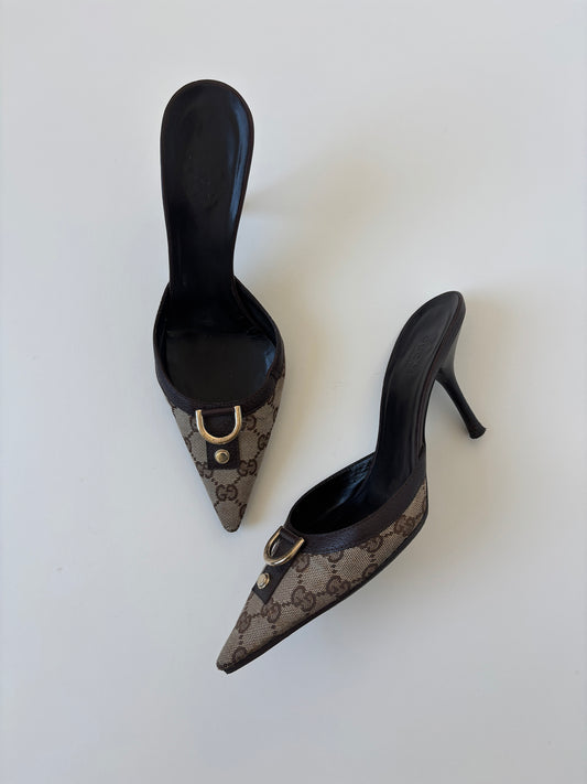 Vintage Gucci by Tom Ford 2000s brown/ beige D-ring monogram mules