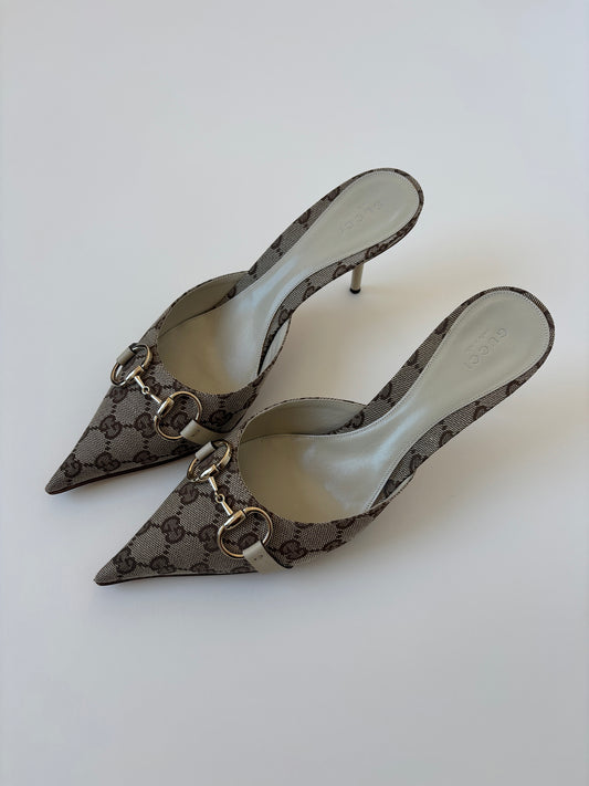 Vintage Gucci by Tom Ford 2000s iconic beige monogram horsebit kitten heel mules