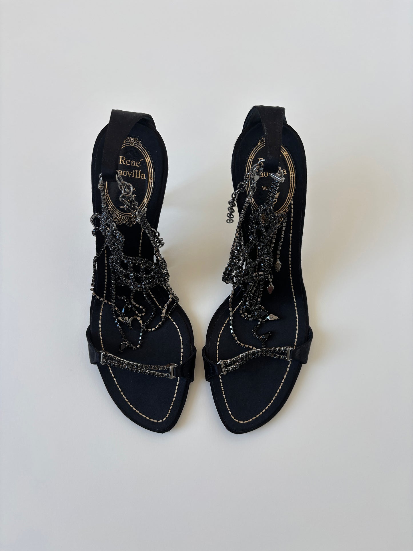 Vintage Rene Caovilla 2000s black satin heels with black Swarovski jewelry application