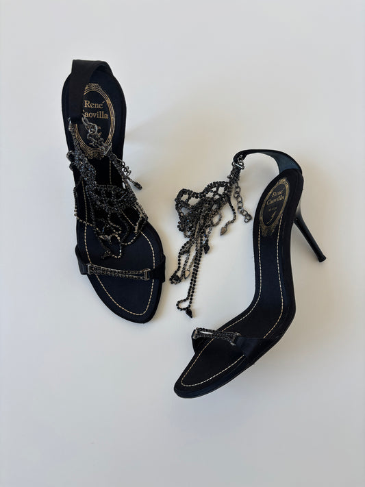 Vintage Rene Caovilla 2000s black satin heels with black Swarovski jewelry application