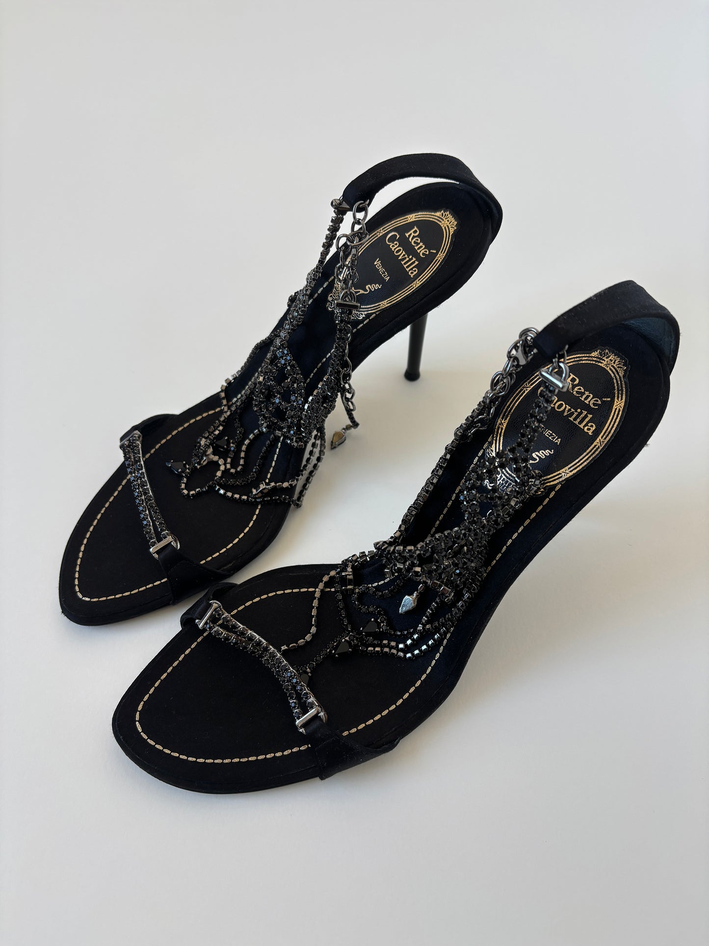Vintage Rene Caovilla 2000s black satin heels with black Swarovski jewelry application