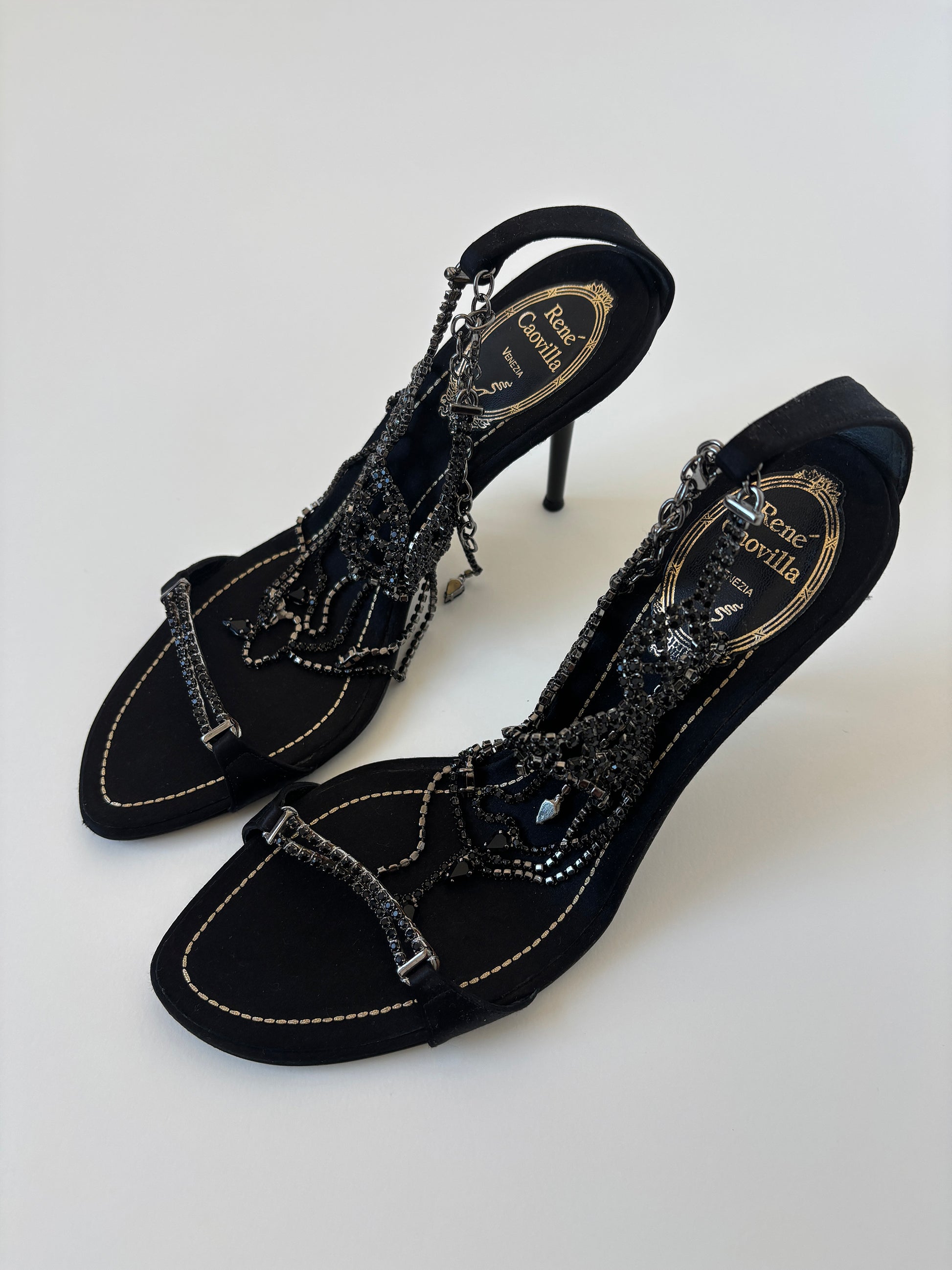 Vintage Rene Caovilla 2000s black satin heels with black Swarovski jewelry application