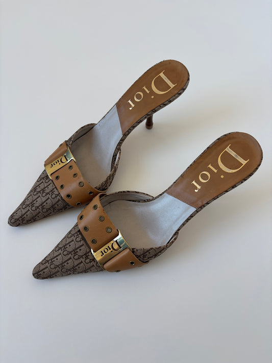 Vintage Christian Dior 2000s by John Galliano tan trotter monogram mules