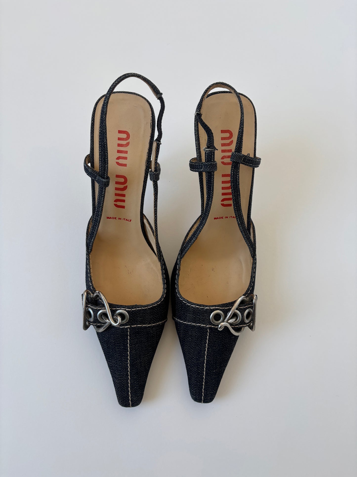 Miu Miu 2000s denim silver buckle sling back kitten heels (EU 38,5 / US 8)