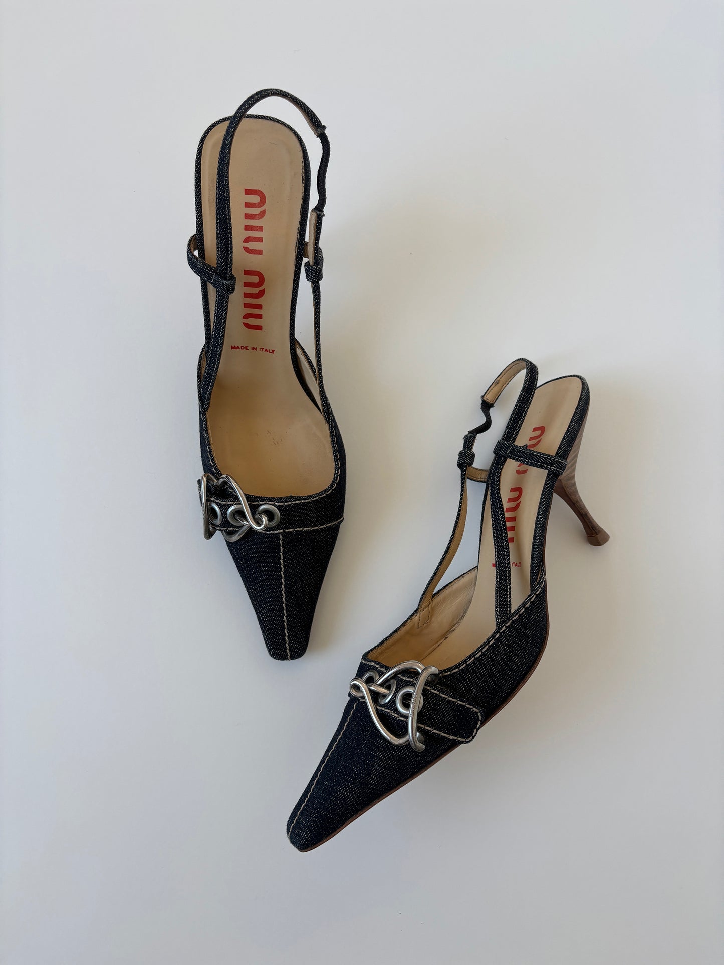 Miu Miu 2000s denim silver buckle sling back kitten heels (EU 38,5 / US 8)