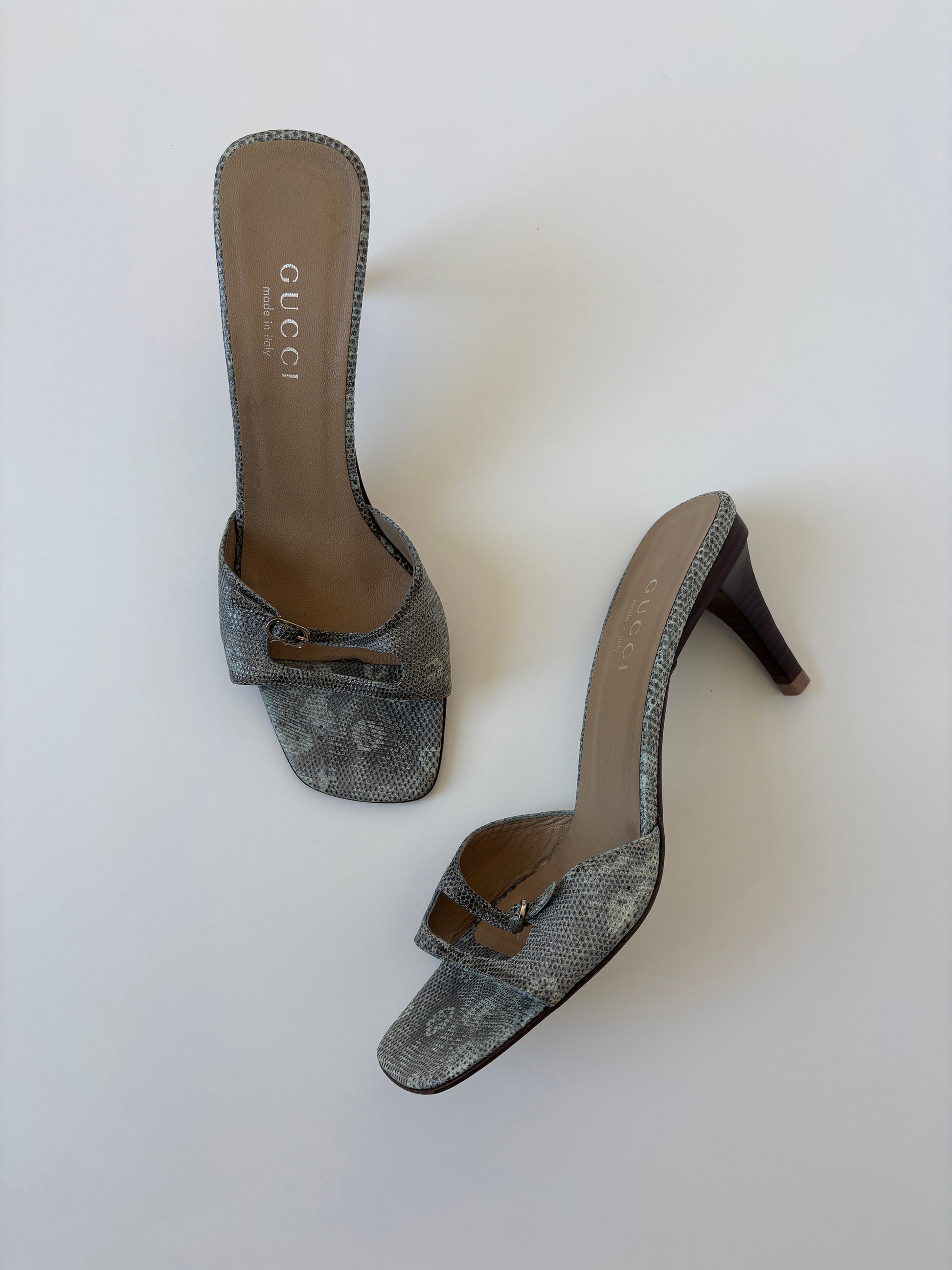 Vintage Gucci by Tom Ford 1990s double strap lizard sandal heels with slim silver buckle details