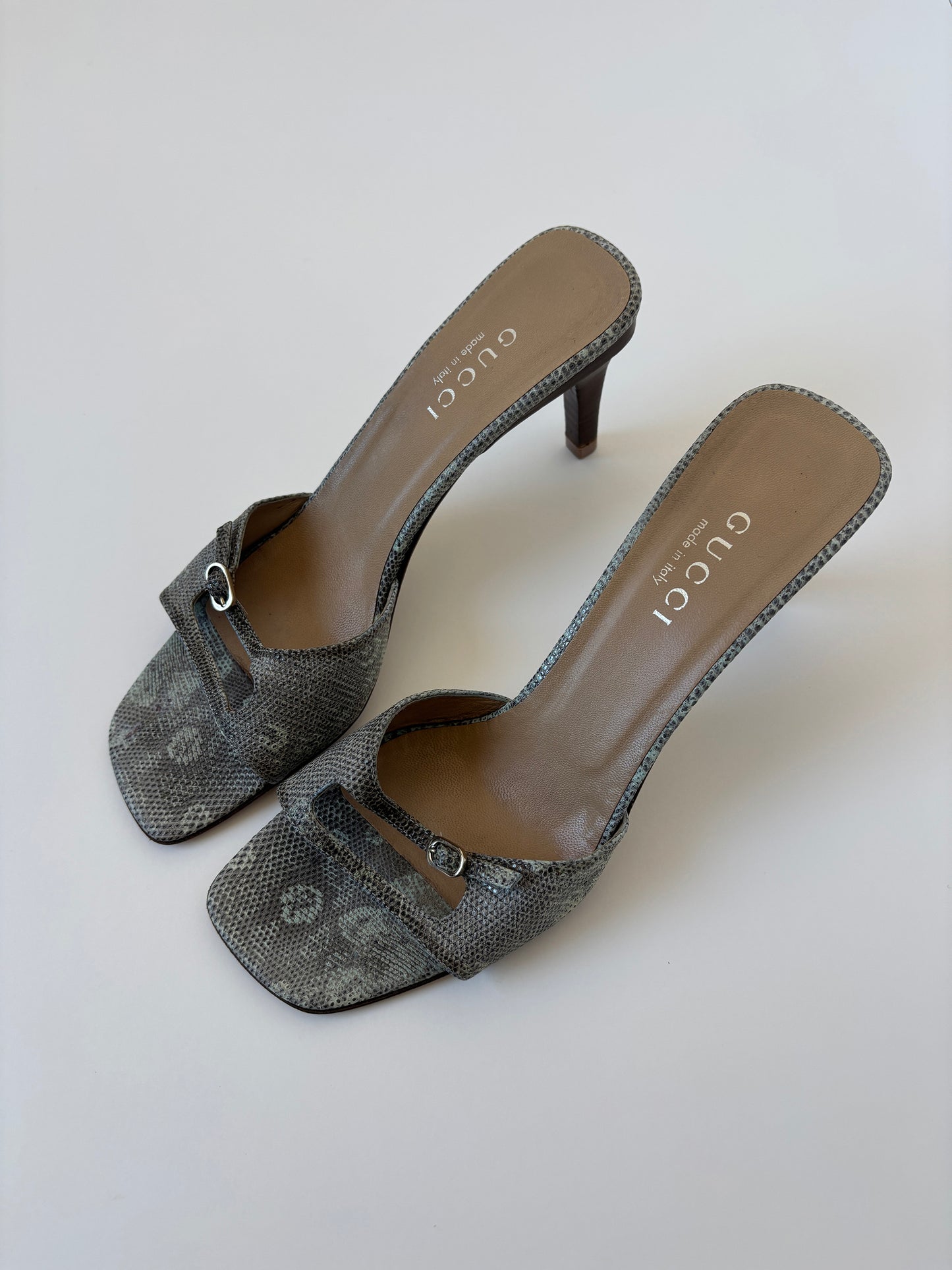 Vintage Gucci by Tom Ford 1990s double strap lizard sandal heels with slim silver buckle details