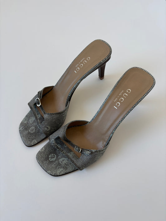 Vintage Gucci by Tom Ford 1990s double strap lizard sandal heels with slim silver buckle details