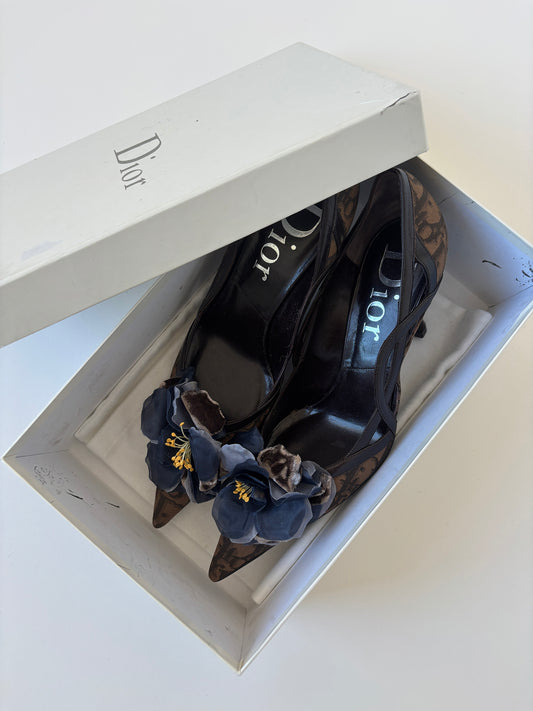 Vintage Christian Dior 2000s by John Galliano brown trotter monogram flower pumps