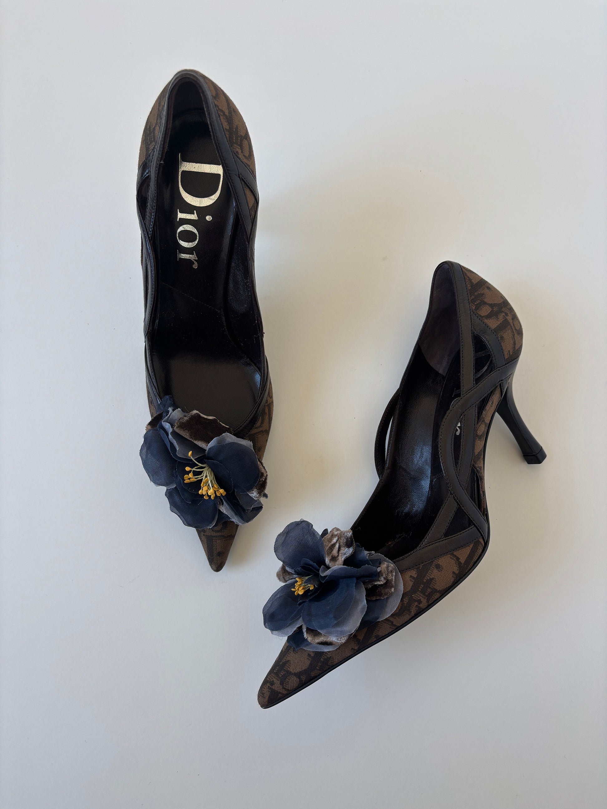 Vintage Christian Dior 2000s by John Galliano brown trotter monogram flower pumps