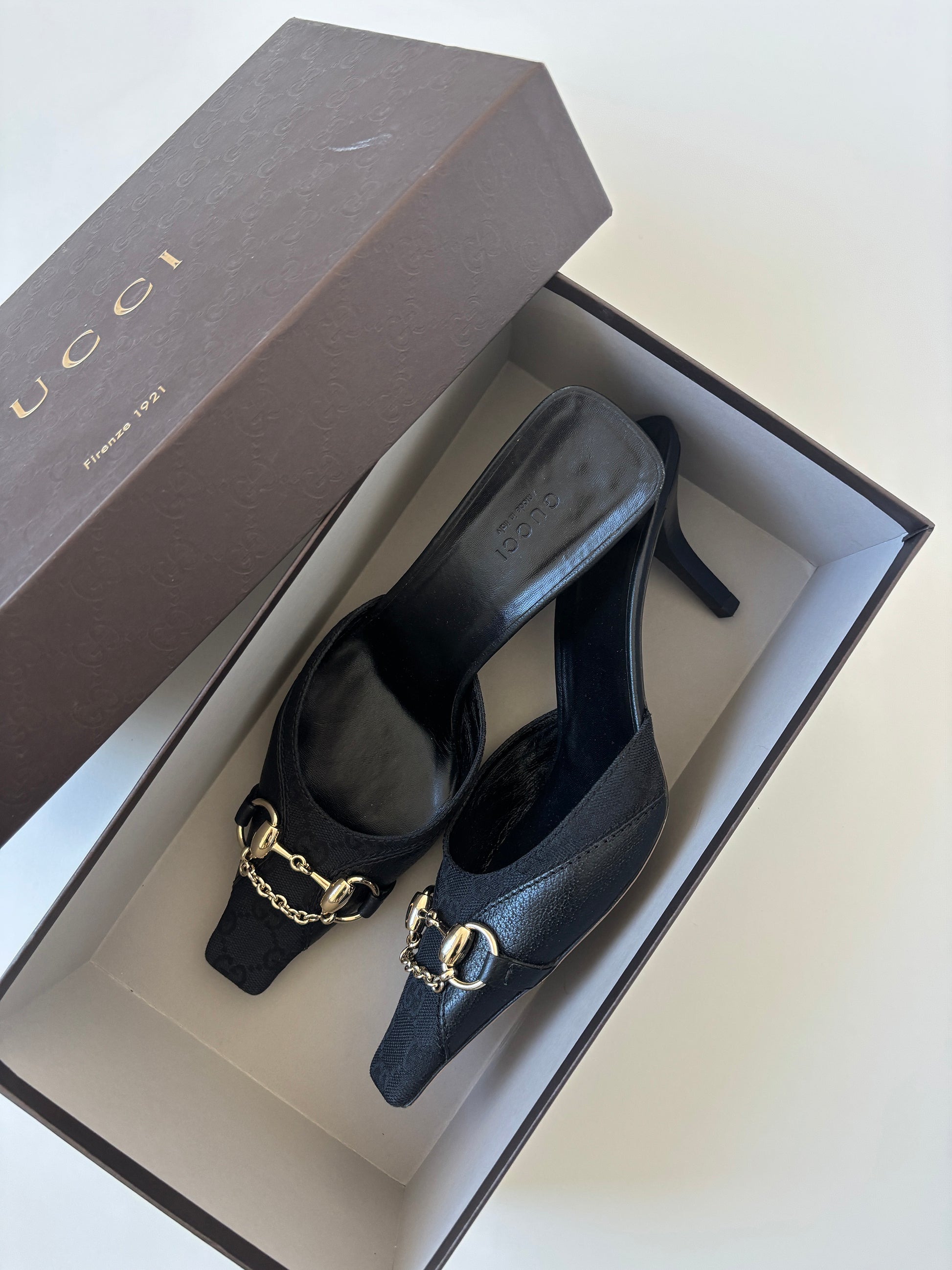 Vintage Gucci by Tom Ford 2000s black squared chain &amp; monogram mules
