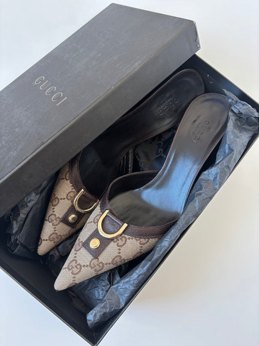 Gucci by Tom Ford 2000s brown D-Ring monogram mules (EU 37 / US 6.5)