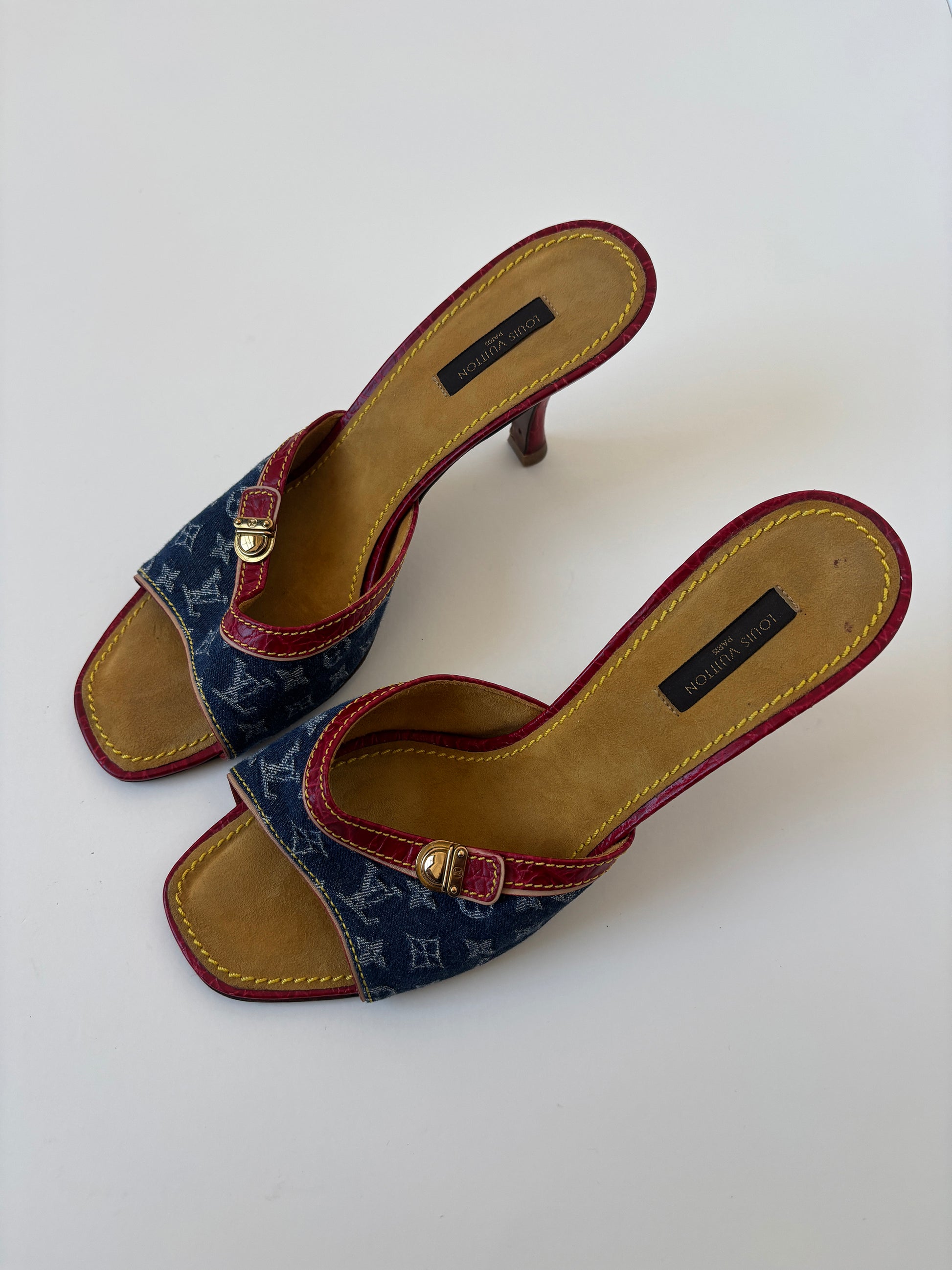 Vintage LV 2000s by Marc Jacobs iconic denim heels with red croc leather details and mini buckle