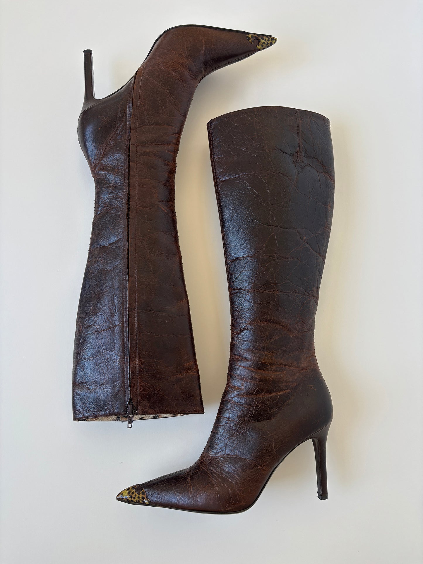 Roberto Cavalli F/W 2001 iconic distressed dark brown leather boots UNWORN (EU 39/ US 8.5)