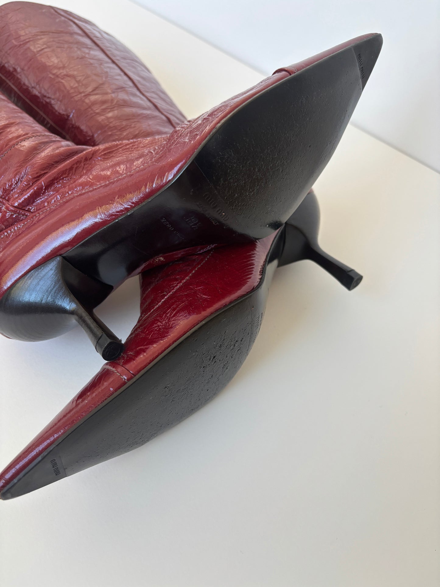 Miu Miu 1990s red crinkly patent leather kitten heel boots (EU 38.5 / US 8)